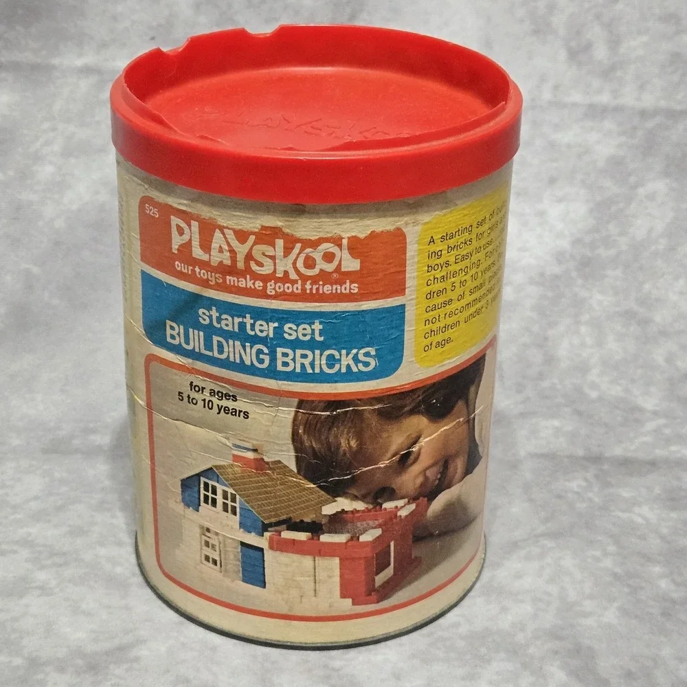 Playskool Milton Bradley #525 Plastic Building Blocks Bricks in Canister